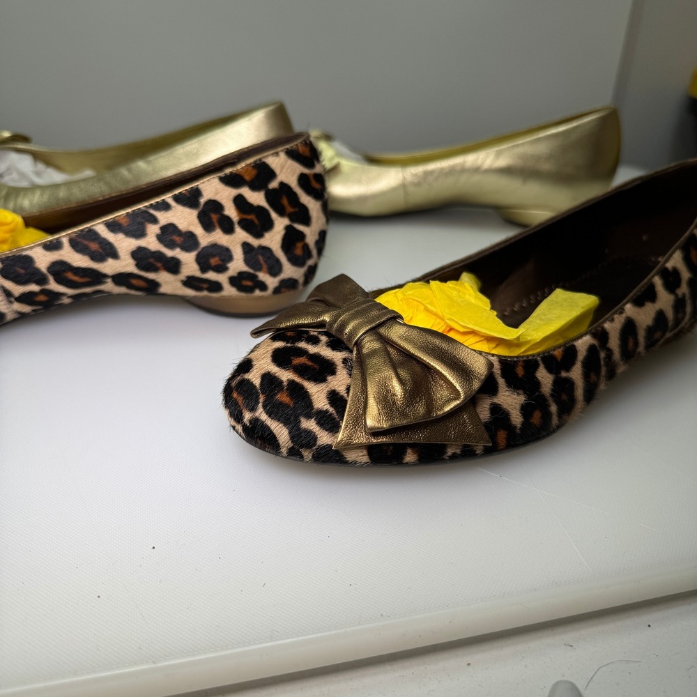 New Lot of 2 Pair Franco Sarto Flats Women 7.5 Gold and Leopard Bow Shoes - Picture 5 of 11
